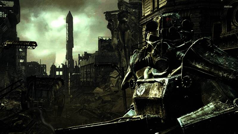 《辐射76》中玩家在废墟湖泊边钓鱼的游戏场景,水面倒映着破败城市与变异鱼跃出的瞬间