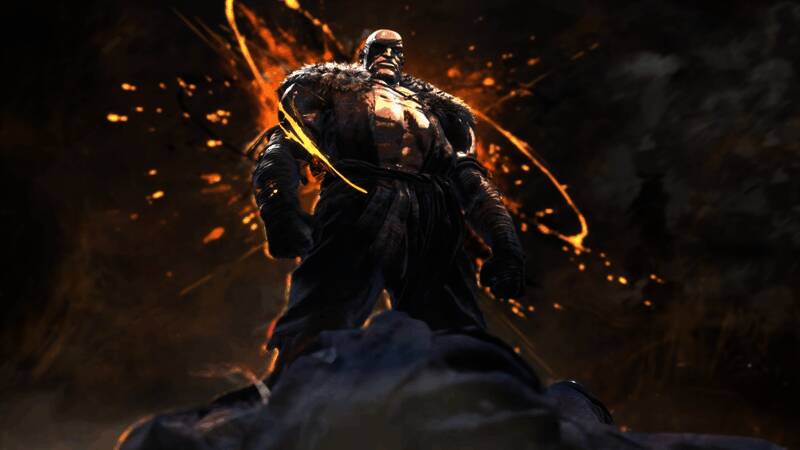 角色选择界面中的沙加特立绘，身穿传统泰拳短裤，纹身与伤痕细节精致