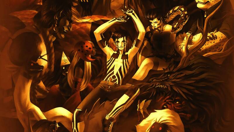 金子一马在访谈中的照片,背景为《女神异闻录》系列经典角色设计图