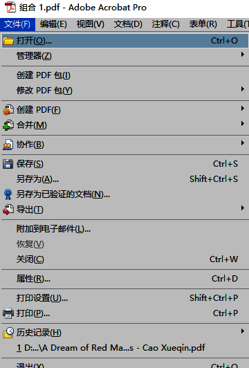 Adobe Acrobat界面展示文件打开操作,左侧为菜单栏,右侧为PDF预览区域