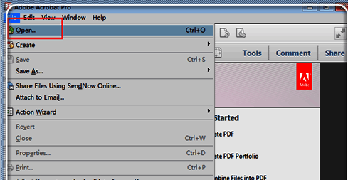 Adobe Acrobat XI Pro界面展示,菜单栏清晰可见,正在执行文件-打开操作