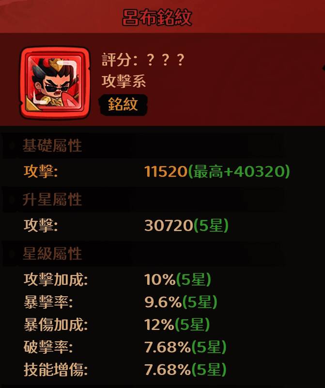 铭纹界面截图,显示‘狂暴套装’激活状态,属性加成突出攻击与暴击