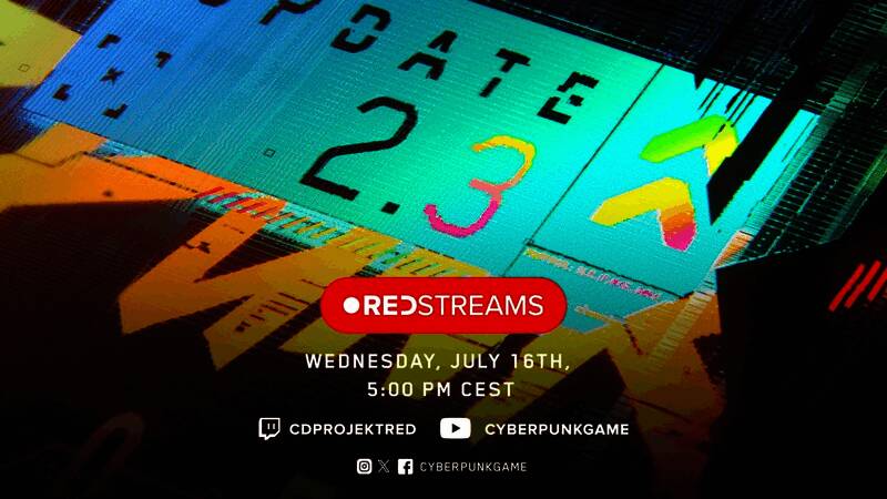 RedStreams直播预告画面,显示《赛博朋克2077》2.3补丁倒计时,背景为夜之城霓虹闪烁的城市景观
