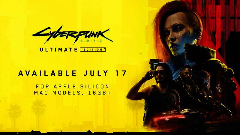 Mac版《赛博朋克2077:终极版》启动画面,展示Apple Silicon芯片优化标识与游戏LOGO