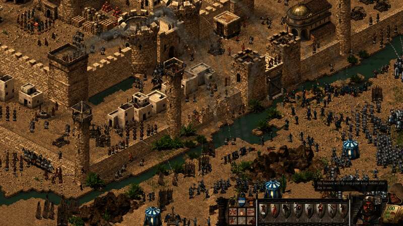 两名玩家在对战模式中展开激烈交锋,双方城堡炮火连天,士兵列阵冲锋,战场硝烟弥漫