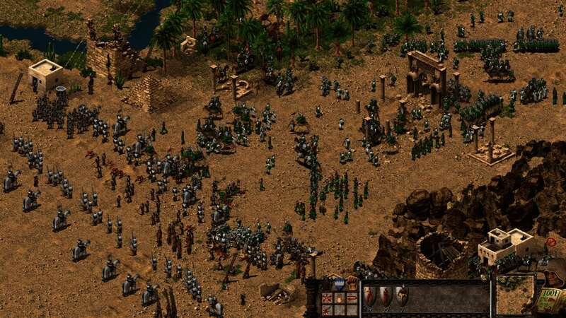 游戏内城堡全景视角,城墙高耸,塔楼林立,商队与士兵在城中穿梭,展现繁荣与战备并存的景象