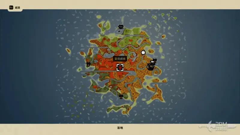 地图界面显示鳄鱼标记位置，位于一片蜿蜒河流的中央浅滩附近