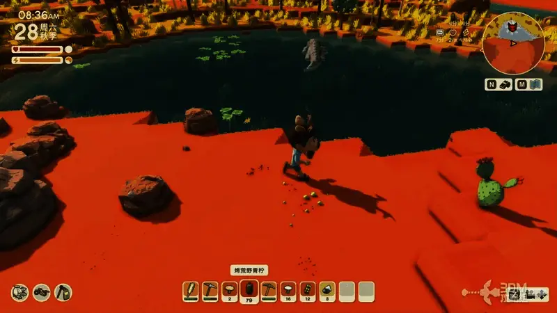 玩家角色站在岸边，对面沼泽中一只体型巨大、皮肤泛紫的鳄鱼正张开血盆大口发起冲锋