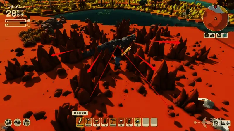 玩家角色站在倒下的巨型鳄鱼旁，地上散落着发光的紫色肉块和闪着金属光泽的鳞片