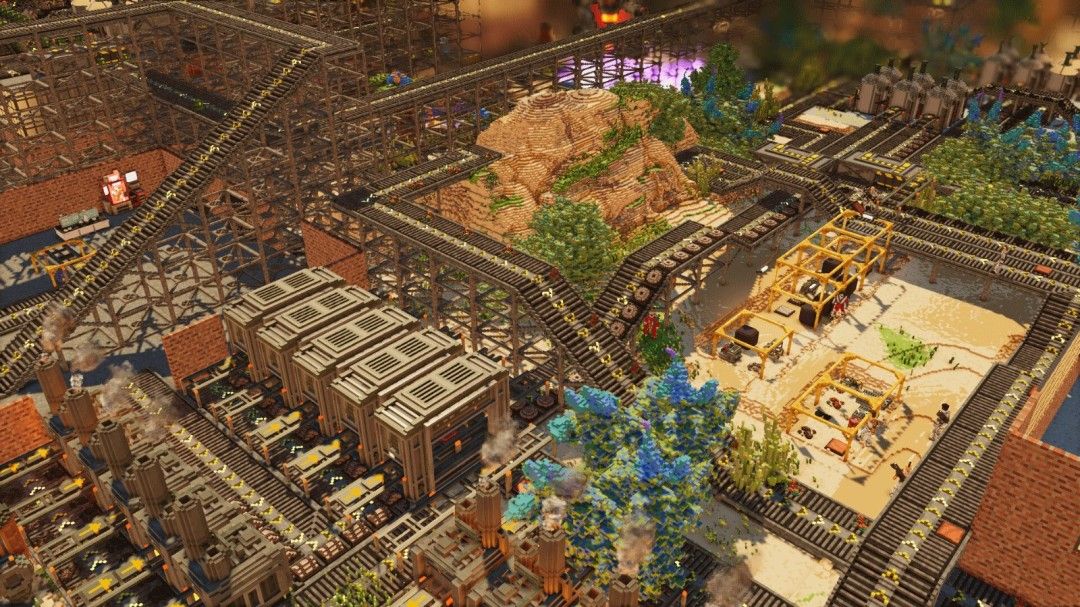 游戏内殖民地实机画面,展示工人在多层工厂中行走,周围布满机械臂、储物箱与防御炮塔