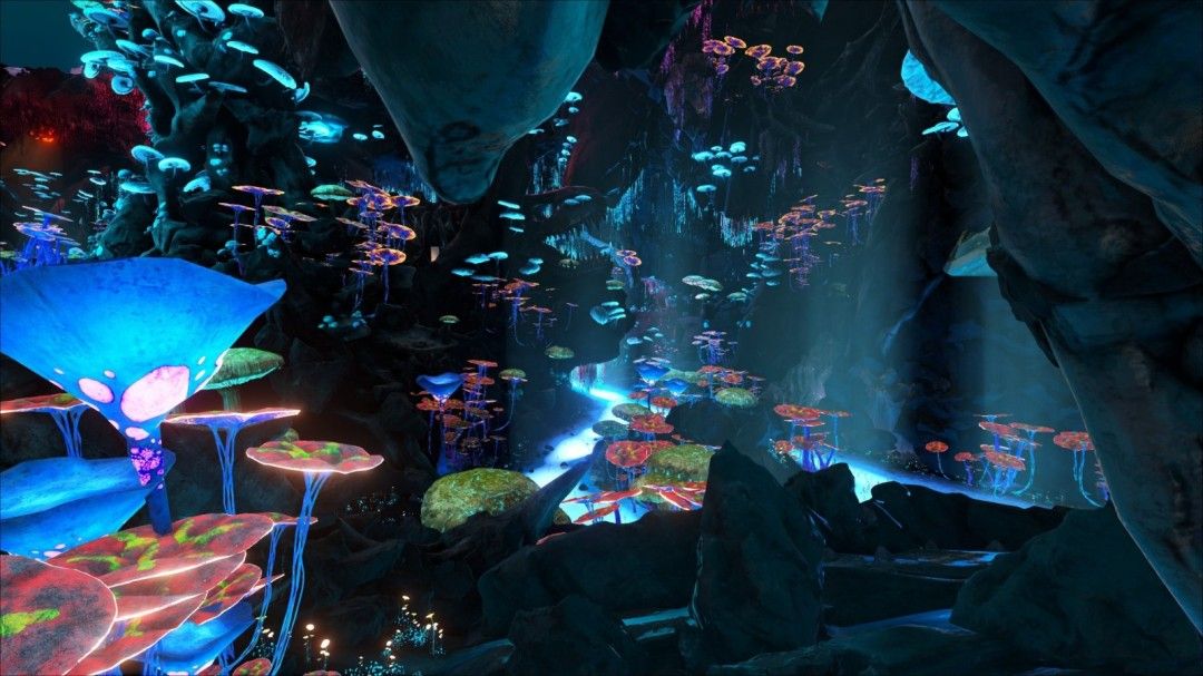 极暗深渊场景概念图，黑暗水域中浮现诡异光影与巨型生物轮廓