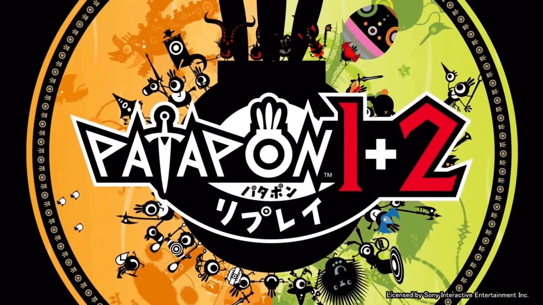 《啪嗒砰1+2合集》游戏画面，玩家指挥一群眼球状的PATAPON角色在沙漠中行进，背景为远古风格的神庙