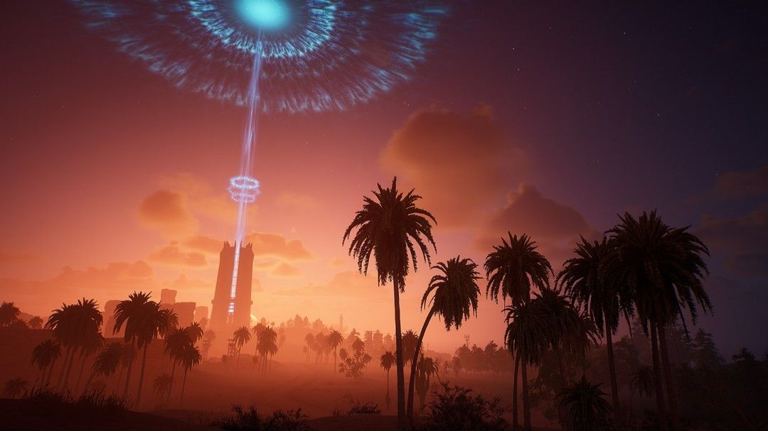 玩家小队围攻一座矗立于峡谷中的黑色尖碑建筑，空中有飞行单位支援