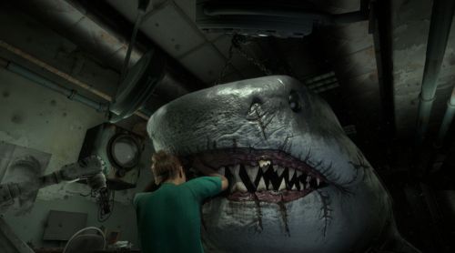 玩家手持牙钻正在清理鲨鱼腐烂牙齿，血迹斑斑的手术灯照亮整个口腔内部