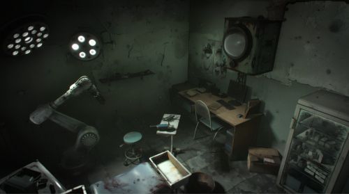 昏暗诊室内，一排锈迹斑斑的牙科工具整齐摆放，背景隐约可见鲨鱼尾巴摆动