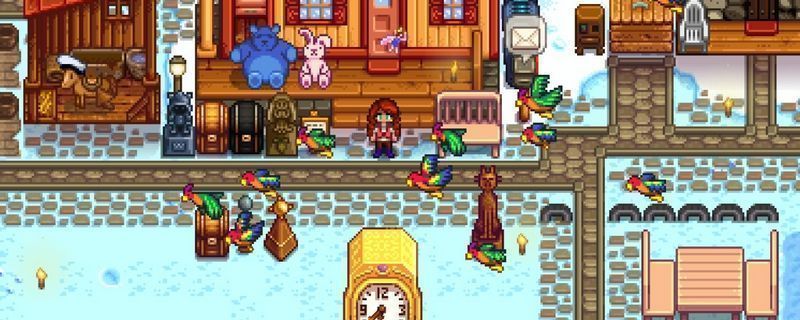 《星露谷物语》复活节活动现场,玩家在鹈鹕镇广场草丛中寻找彩色鸡蛋,周围村民欢笑围观,节日氛围浓厚