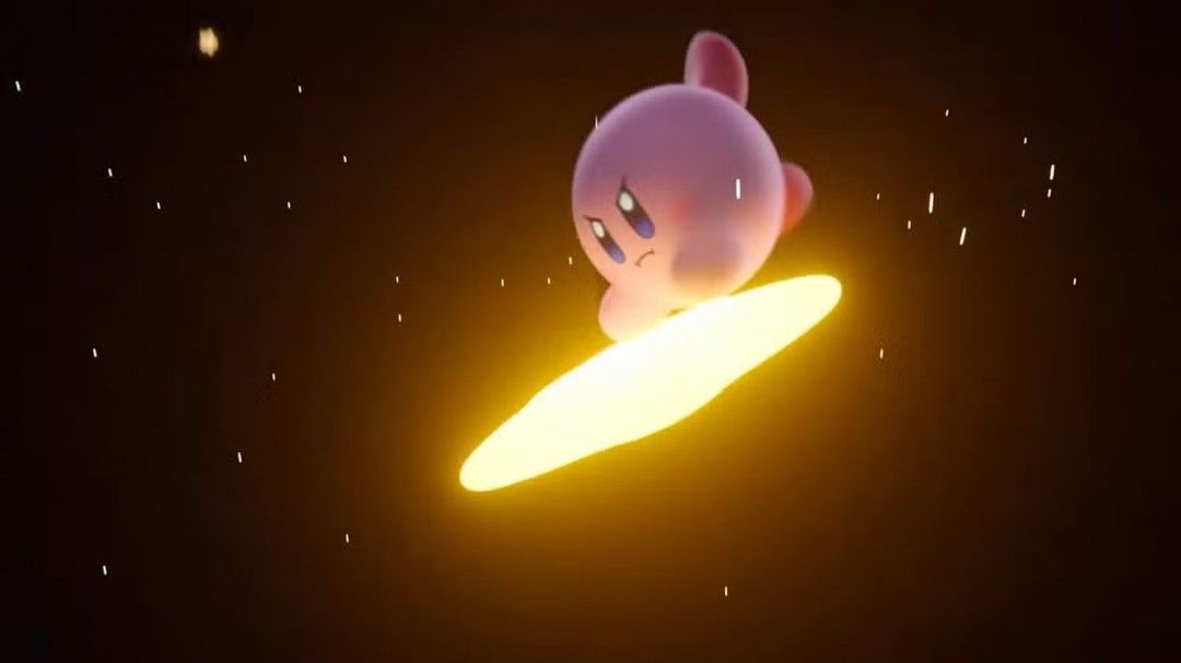 《星之卡比:飞天骑士》游戏实机画面,卡比驾驶飞行器穿梭于云层赛道