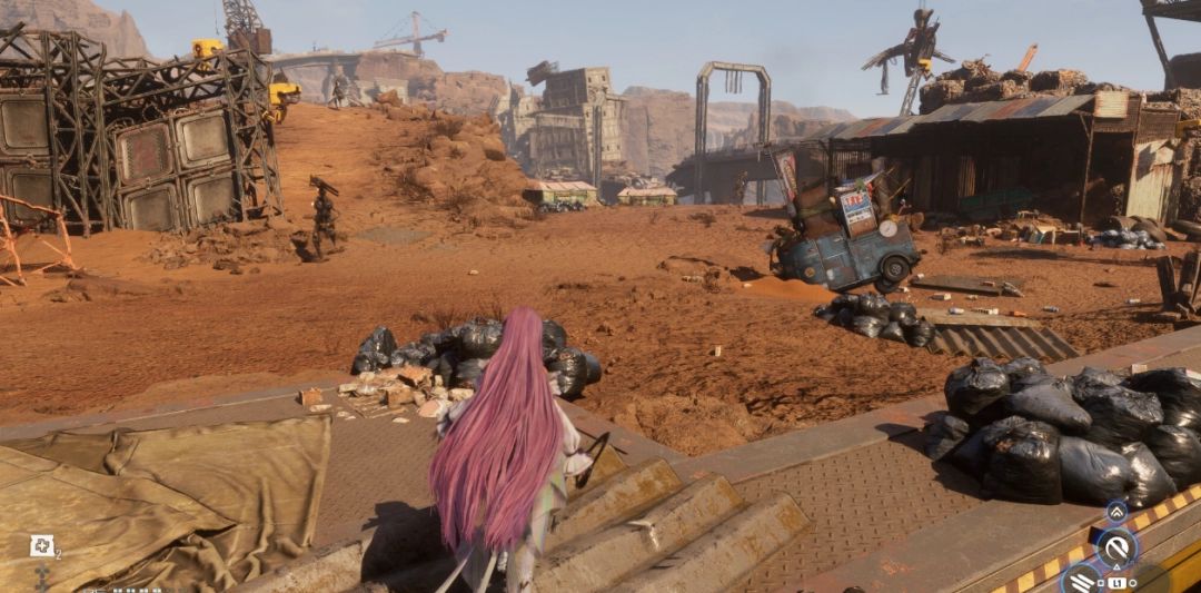 废品场补给营地全景,由金属集装箱搭建而成,背景可见倒塌的输电塔和漂浮的无人机