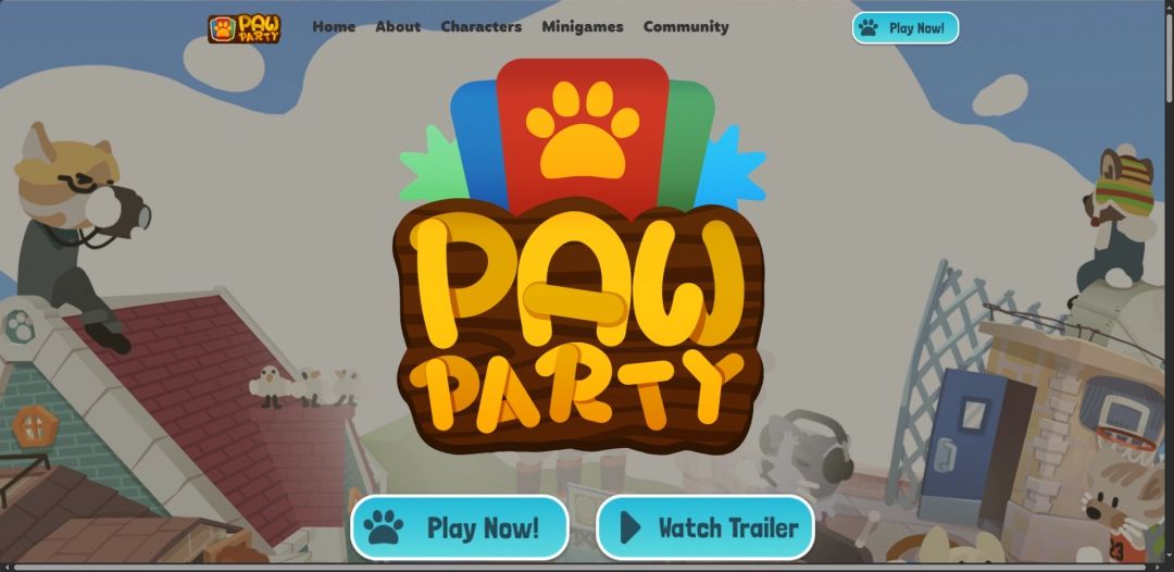 《萌爪派对:小镇时光》官网页面截图,页面展示游戏主角猫咪、小镇场景与基础介绍内容,界面设计简洁友好