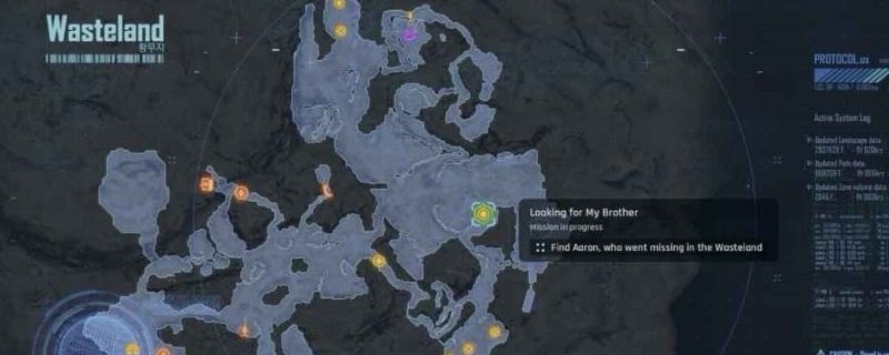 《剑星》游戏中废土东部高地场景，远处可见废品场与崎岖山路，任务标记点清晰显示在地图上