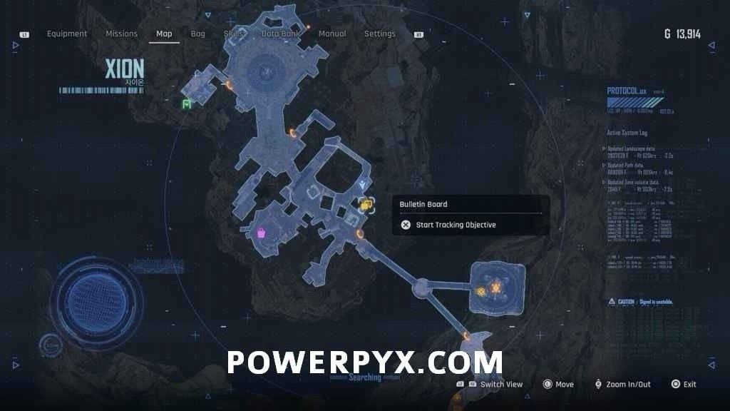 废土东部高地上的告示板，背景为荒凉的工业废墟，角色正站在告示板前准备交付任务