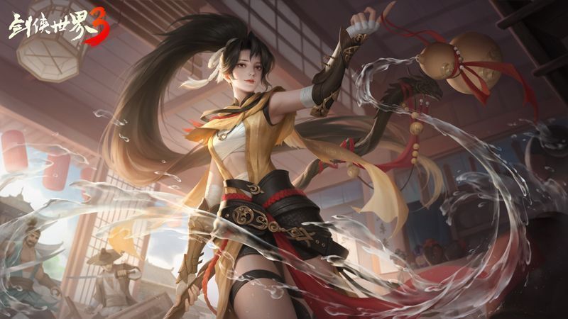 丐帮长老立于高台之上振臂高呼,身后弟子列阵待发,战意高昂