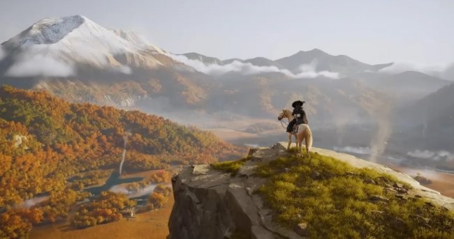 《羊蹄山之魂》实机画面展示主角在雪地中拔刀迎敌,背景为日式神社与飘雪环境,整体美术风格延续前作写实东方美学