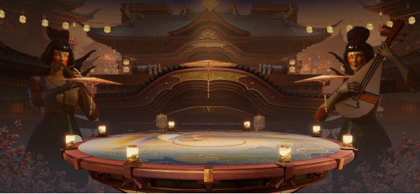 惊鸿舞榭全景图,红叶纷飞,舞台上留有一袭舞裙残影