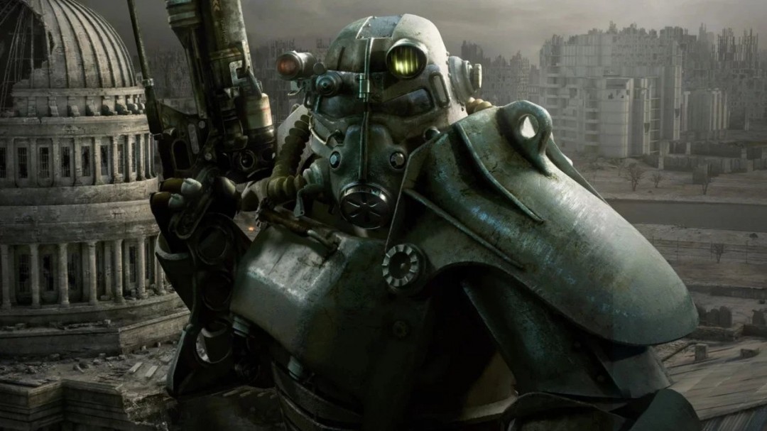 维塔士工作室标志与《辐射》系列风格融合的概念图，背景为废土城市轮廓和齿轮机械元素