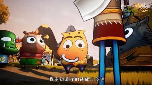 游戏角色群像展示图，菊爆大队五人组站C位，身后是各种经典NPC角色排开，风格Q萌搞笑