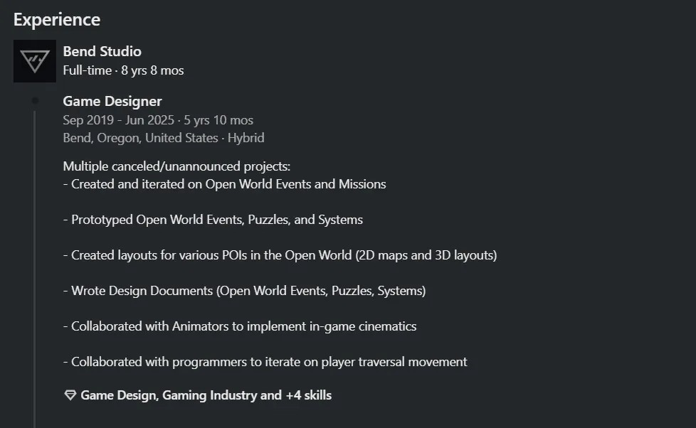 Jacob Fieth LinkedIn个人主页截图，重点高亮其工作经历栏中‘Multiple cancelled/unannounced projects’文字描述及Bend Studio Logo