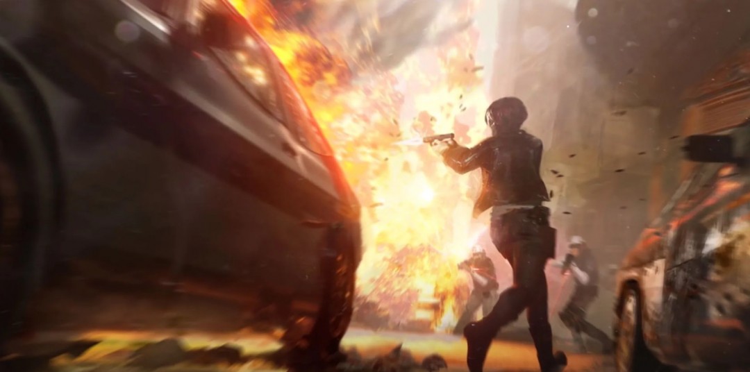 The Initiative工作室LOGO与《完美黑暗》经典角色妮可·吉尔伯特剪影并置的官方宣传图,背景为霓虹蓝紫调科幻都市夜景