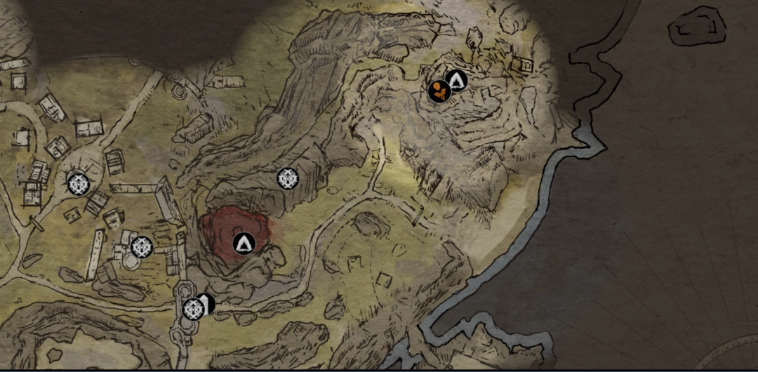 地图局部特写:‘野兽巢穴’洞穴外地面标记清晰,红圈精准圈出主角与卡拉多克即将对话的位置,周围散落破碎陶器与一面卷曲的灰黑色旗帜