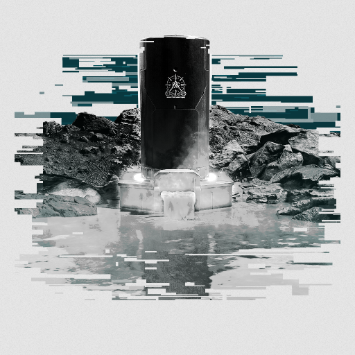 角色山姆站在地下岩穴中央，头顶悬浮着半透明温泉剖面图，手中地质钻探仪射出蓝色扫描光束，四周岩壁渗出晶莹水珠与淡金色粒子流