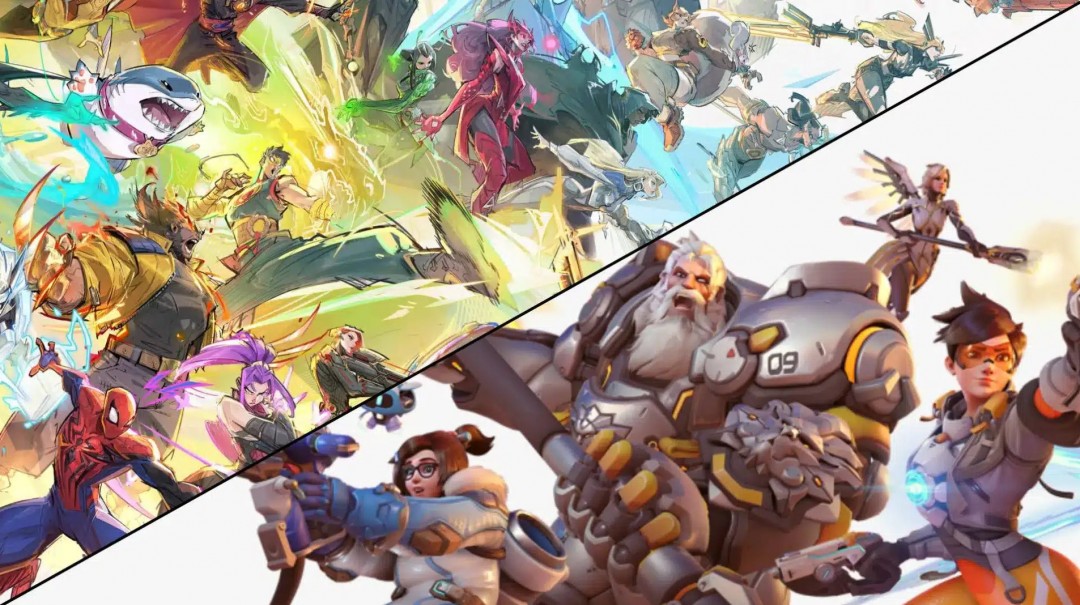 《守望先锋2》与《漫威争锋》双游戏LOGO并置对比图，左侧是蓝紫色调的‘Overwatch 2’动态徽标，右侧为红金配色、充满动感粒子特效的‘Marvel Rivals’标志，背景隐约可见两队英雄剪影对峙