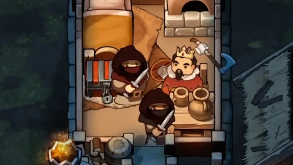 《诺兰德》游戏界面截图:一座石砌城墙环绕的中世纪聚居地俯视图,中心为高耸的领主大厅,外围错落分布住宅、广场与作坊,阳光洒在鹅卵石街道上,整体氛围厚重而生机勃勃