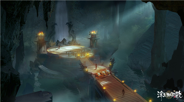 神庙外观全景：一座依山而建的汉唐风格巨型石构神庙，顶部镶嵌北斗七星浮雕，门前两尊镇海石兽口衔铜铃，海风拂过铃声清越