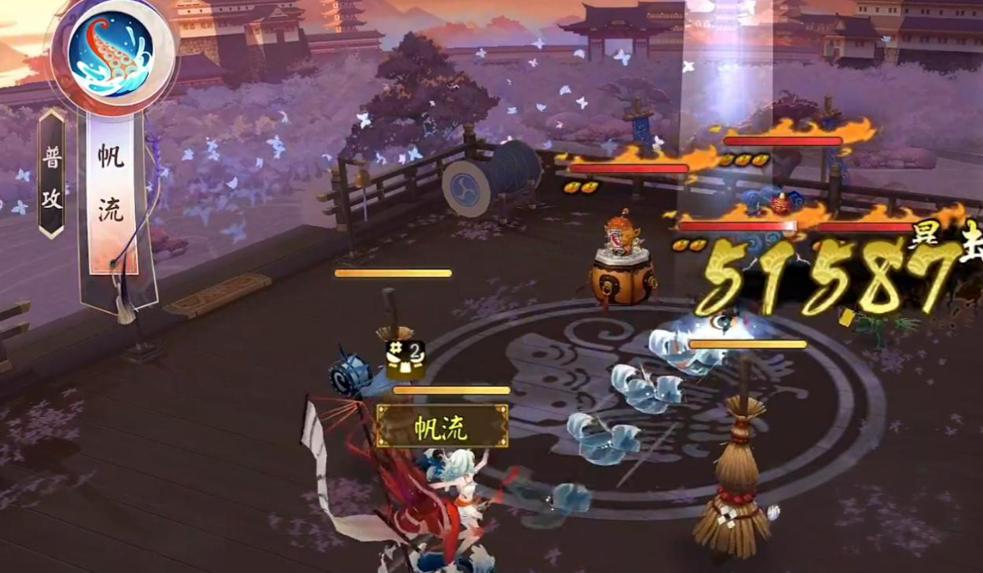 实战对比图：左侧为常规SR式神输出曲线，右侧湍津姬在相同回合内呈现治疗量（蓝线）、伤害量（红线）、速度增幅（绿线）三维增长趋势