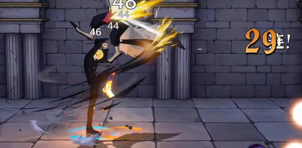 山治在实战中连续施展六段普攻的GIF截图:前四段呈扇形快速踢击,第五段身体旋转后撤,第六段自天而降踩踏敌人并高速旋转