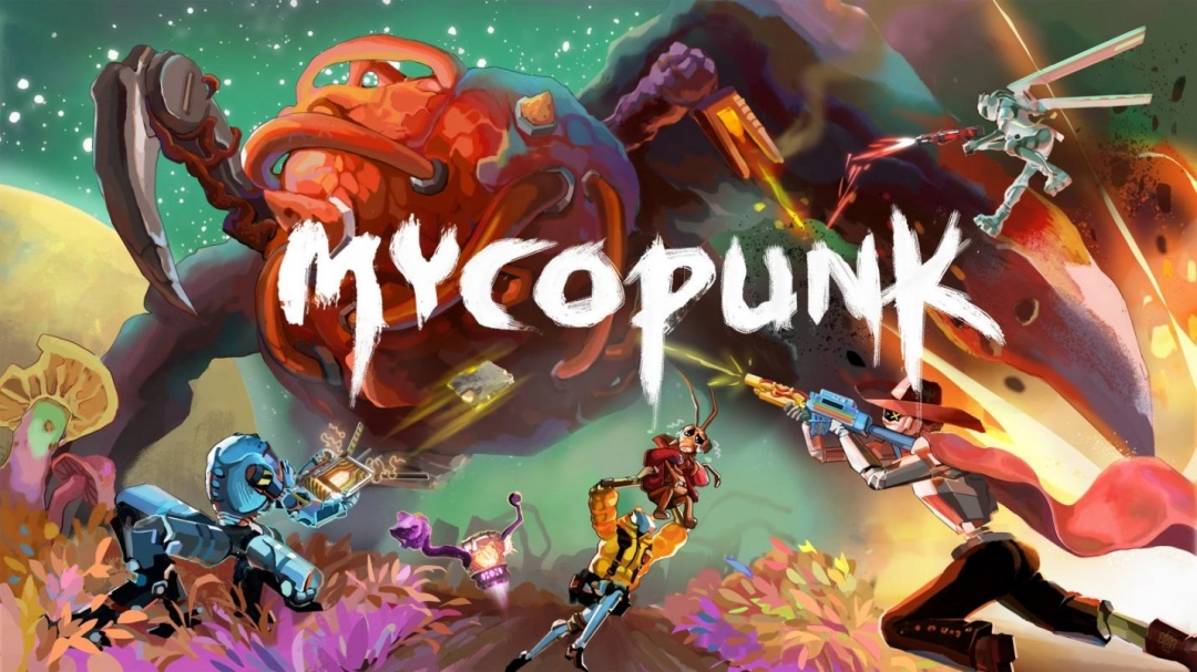 《Mycopunk》游戏主视觉图:荒芜的阿特拉斯星地表,巨型荧光真菌群落蔓延天际,三名全副武装的清洁工小队成员背对镜头站立,机械义肢泛着冷光,背景悬浮着破损的太空站残骸