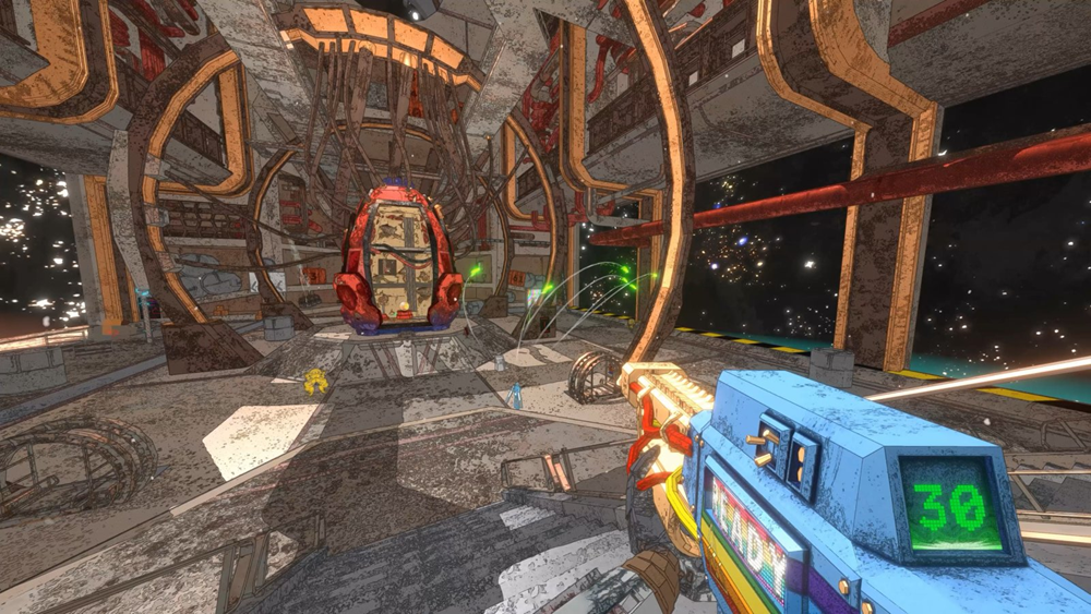 H.U.B.内部场景:环形舱室布满霓虹灯带,中央悬浮全息投影播放着搞笑清洁广告,左侧墙边摆放着可互动的弹珠台与旋转木马模型,右下角角落藏着一只戴墨镜的机械鸽子雕像