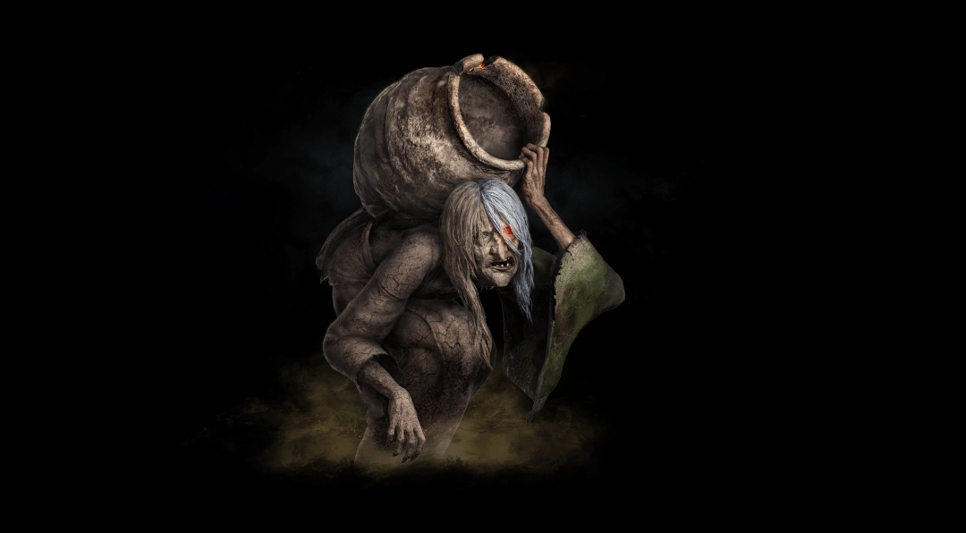 《仁王3》游戏内妖怪图鉴画面：半身由流动黄沙构成的老妇形象，佝偻持杖立于幽暗神社鸟居下，沙粒正从她枯瘦指尖簌簌滑落，背景弥漫青灰色雾气