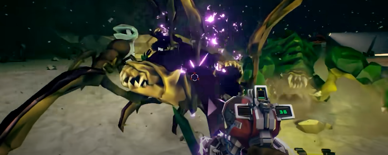 《深岩银河》工程兵持百万伏特冲锋枪作战特写:枪口迸发电弧光效,前方数只刁虫被蓝色电击粒子笼罩,呈现明显僵直减速状态