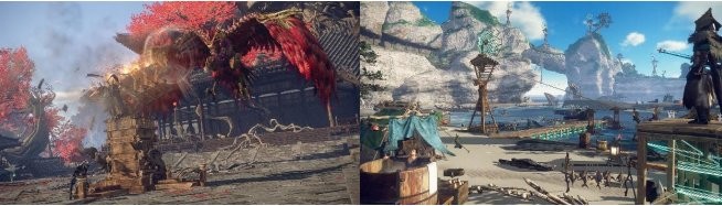 世界观插画:水墨晕染的远景中,坍塌的朱雀门与盘踞其上的巨型化兽‘雷渊蛟’形成强烈对比,近景处猎人跪地将手掌按在发光的络繰核心上,地面藤蔓正沿着他的手臂向上蔓延