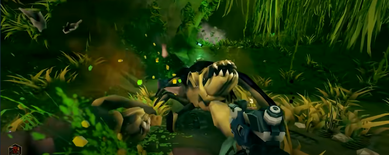 《深岩银河》游戏内实机画面:钻机手单膝跪地瞄准,手中等离子蓄能手枪前端凝聚出炽白高能球体,背景为熔岩洞窟与密集虫群