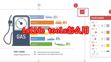 iSlide Tools主界面截图,左侧为功能导航栏,中央显示‘智能图表’醒目图标,右上角可见PowerPoint菜单栏集成样式