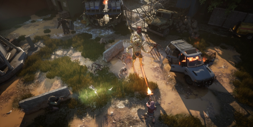 情感向CG插画：黄昏下，孩子将一朵野花放在营地入口的纪念碑上，身后是修补过的铁丝网与飘扬的简易旗帜，远处地平线隐约可见未被完全摧毁的图书馆穹顶