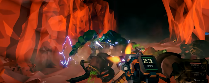 《深岩银河》钻机手手持巨型喷火器在幽暗矿洞中横扫虫群，炽热火墙沿地面蔓延，数只石肤甲虫正被烈焰吞没，粒子特效与熔岩反光交织