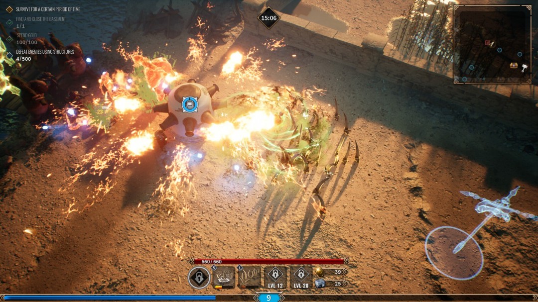 战斗特写画面：主角在密集弹幕中翻滚突进，前方三座自动火焰塔正喷射烈焰，数名持盾重甲敌人被掀飞至半空