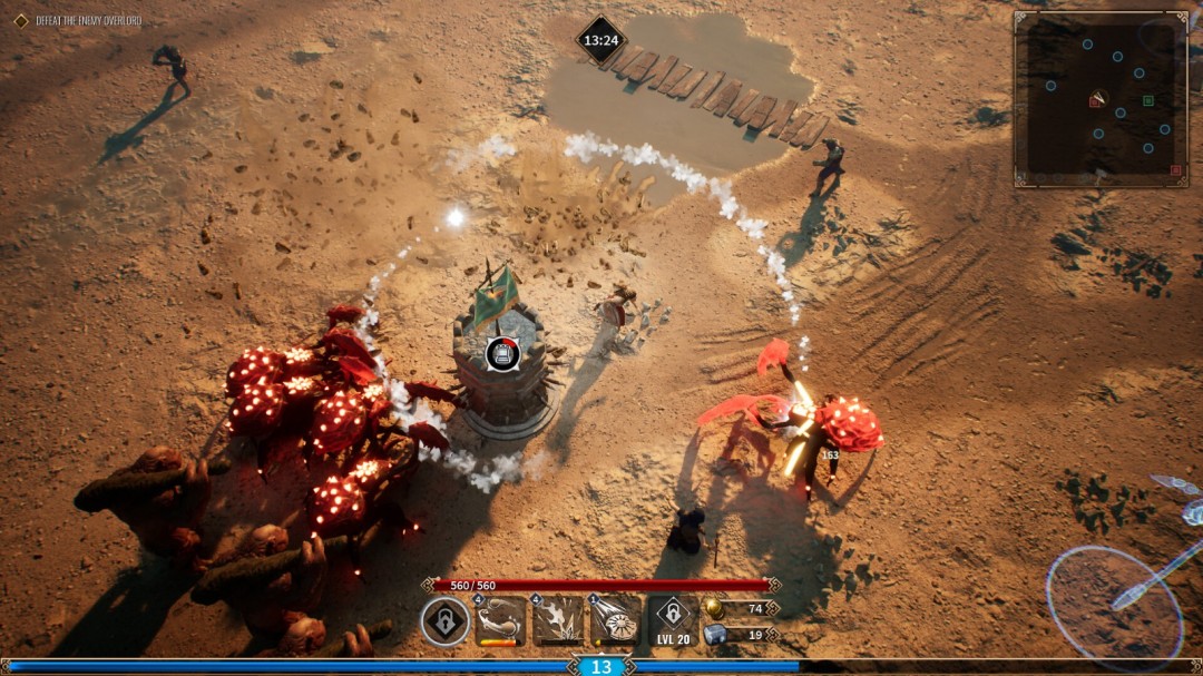 Boss战场景：巨型多足机械神像矗立于坍塌神庙中央，周身环绕浮游炮台，主角正跃向其关节弱点发起斩击，能量轨迹拖出金色残影